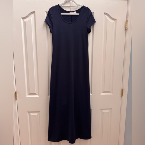 Navy Blue Short Sleeve Maxi Dress - Minimalist Soft Knit T-Shirt Dress | Size L - Picture 2 of 4